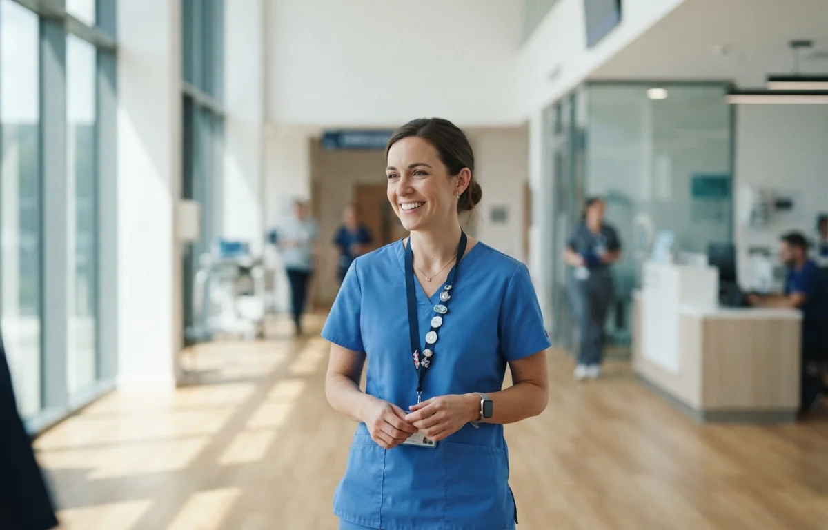 A smiling healthcare professional in blue scrubs greeting a colleague in a bright clinic hallway