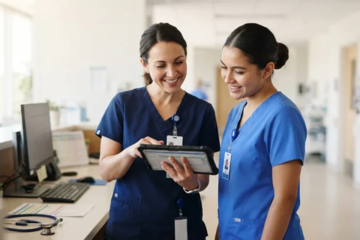 Two clinical staff in blue scrubs reviewing patient information together on a tablet
