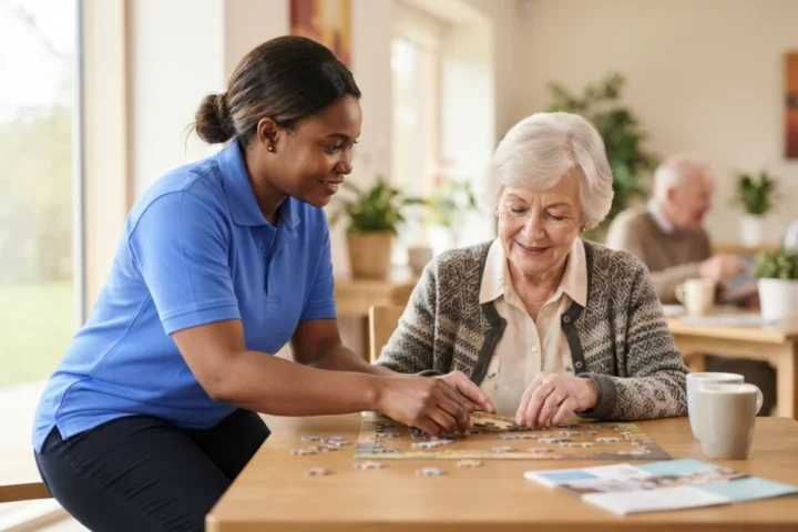 A community support worker in a blue polo shirt helping an older adult with a puzzle at a day program