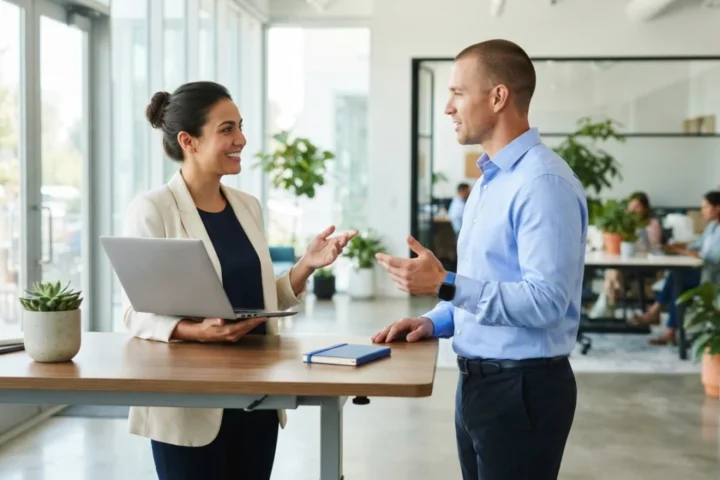 Two business-casual professionals talking at a standing desk in a bright modern office