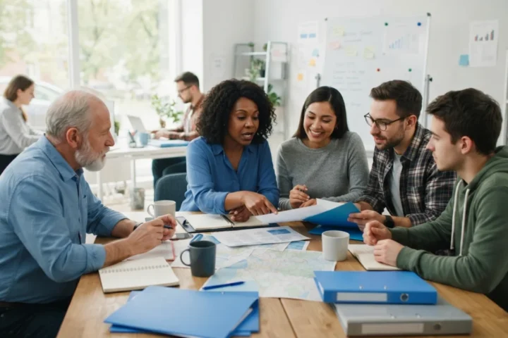 A small public-service team reviewing paperwork together around a table