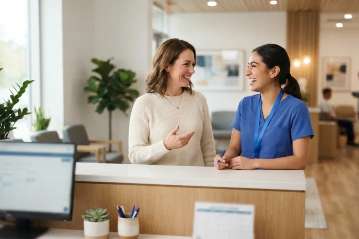 A small business owner talking with a staff member at a bright reception counter