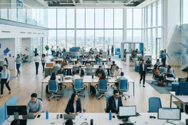 A large modern open-plan office floor with many people working