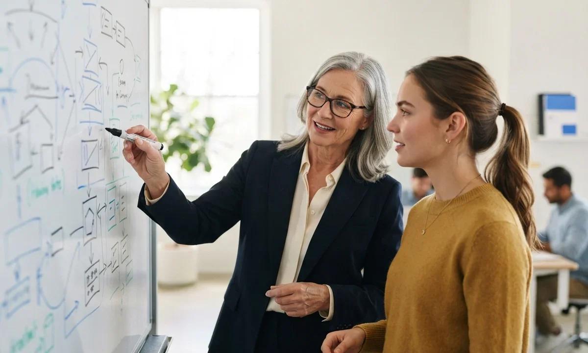 A mentor pointing out a diagram on a whiteboard to a younger colleague
