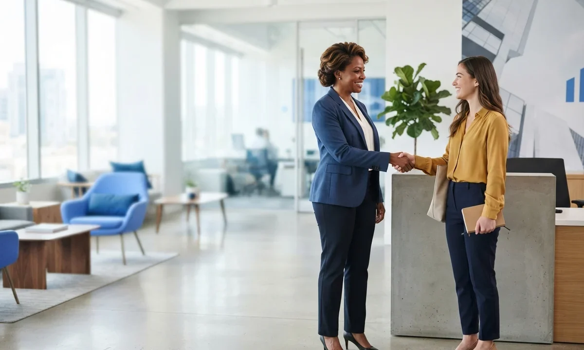 A hiring manager shaking hands with a new hire in a bright modern office