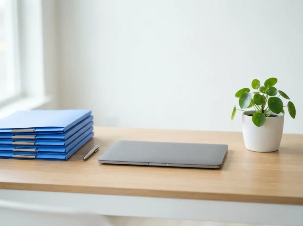 A tidy desk with a closed laptop, a stack of blue document folders and a small plant