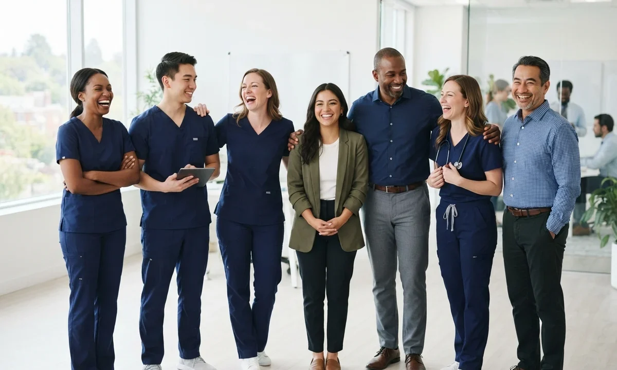 A diverse team of seven colleagues in scrubs and business casual laughing together in a bright office