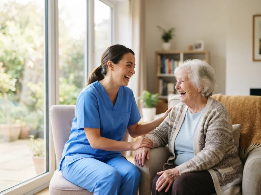 A caregiver in blue scrubs sharing a warm laugh with an older client at home