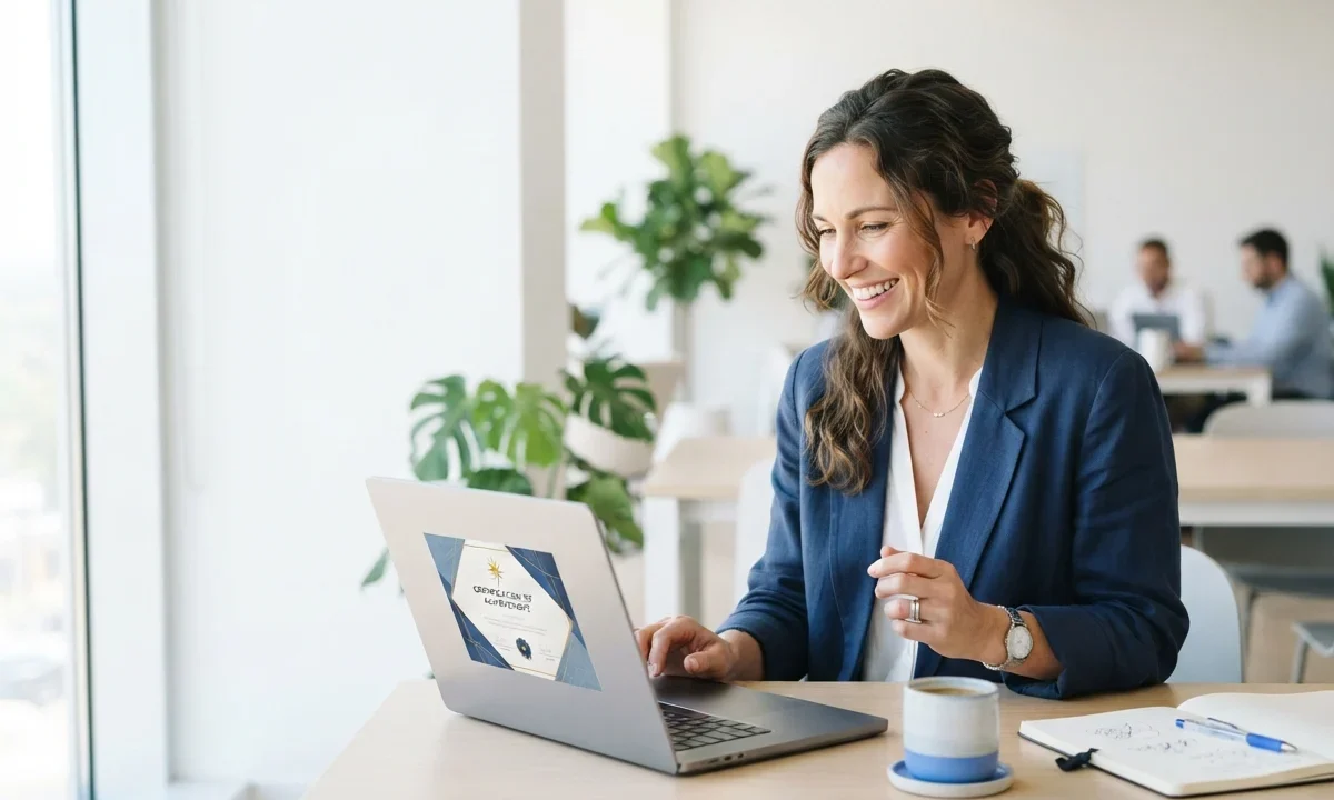 A professional smiling while reviewing a certificate of achievement on her laptop